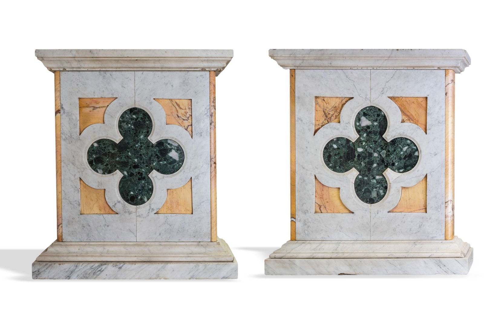 Pair of white Carrara marble dining table bases: Pair of white Carrara marble dining table bases with inserts in Antique Yellow marble and Antique Green marble. Period of creation: XX century. ADDITIONAL PHOTOS AND INFORMATION CAN BE REQUESTED BY EM