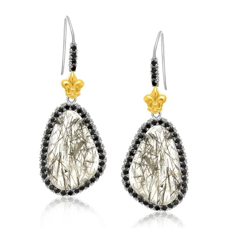 Designer Black Spinel & Rutilated Quartz Earrings: Fleur de lis detailing highlights rutilated quartz and black spinel accents of these 18K yellow gold and sterling silver earrings. Secured with french wire backings. Measures approx 1.90 in