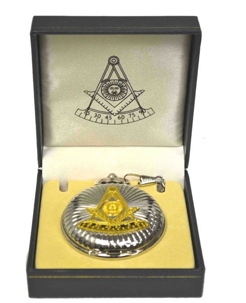 Gold & Silver Masonic Pocket Watch: Gold & Silver Masonic Pocket Watch, features gold masonic symbols on raised beveled high polish silver finish.