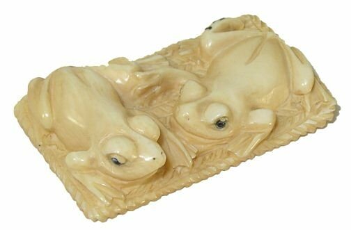 Frogs Hand Carved Ivory Netsuke Figure: Hand Carved Ivory Netsuke Figure depicting a frogs. Measures 1.25" L. Signed.
