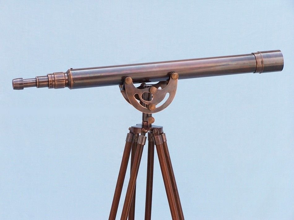 Vintage Style Copper Telescope (Floor Length): Vintage Style Copper Telescope (Floor Length). Measures 32.5" L x 3" W x 65" H. Fully functional, adjustable height. The main scope is solid polished antique copper. Up to 18x magnification. The woode