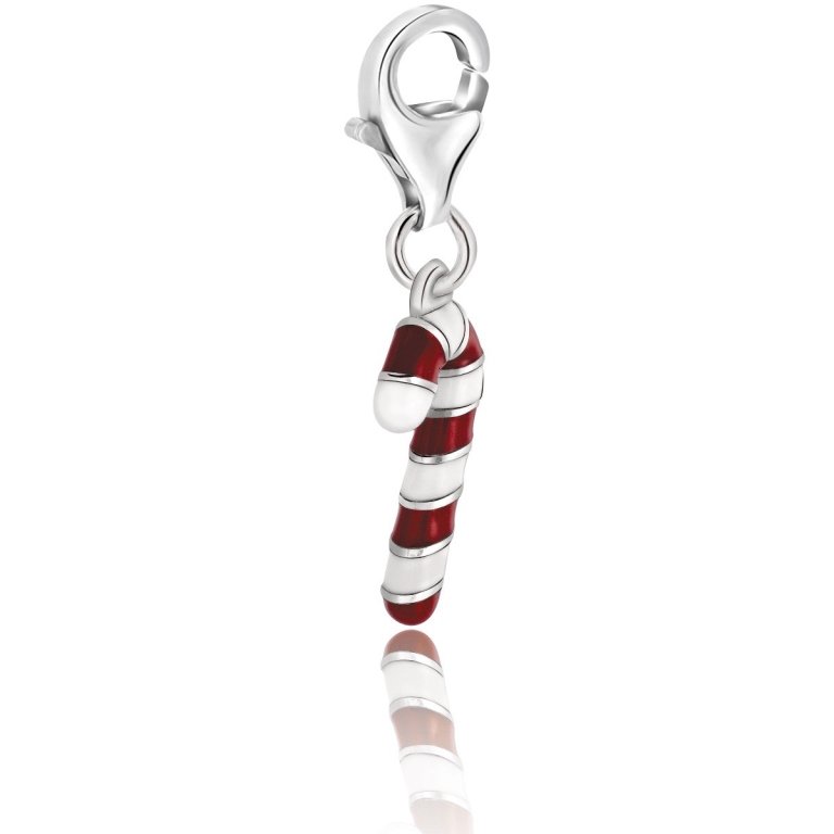 Sterling Silver Holiday Candy Cane Charm: A festive candy cane charm made of fine sterling silver and finished in red and white enamel. Can be attached to a bracelet with the lobster style lock.Measures 1.25 in