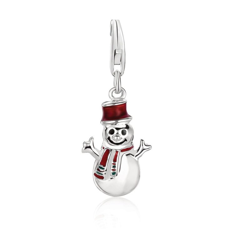 Sterling Silver Snowman Charm: This sterling silver snowman charm features an enameled hat and scarf detailing. Lobster clasp. Measures 1.25 in