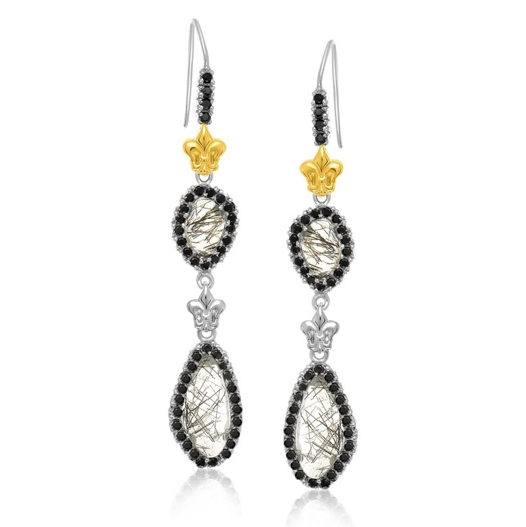 Rutilated Quartz & Black Spinel Earrings: These dangle earrings features black spinel accents to the fancy rutilated quartz. Embellished with fleur de lis accents. Crafted in 18K yellow gold and sterling silver secured with french wire backs.