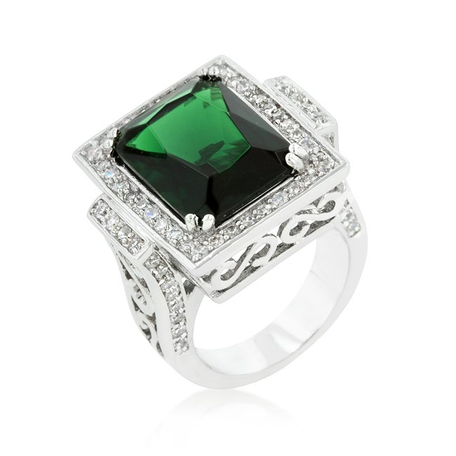 Classic Style Emerald Cocktail Ring: Classic Style Emerald Cocktail Ring, White Gold Rhodium Bonded Classic Style Cocktail Ring with 8 ct Emerald cut Simulated Emerald adorned with round CZ in a filigree setting.