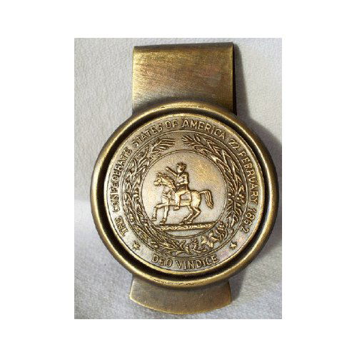 CSA Seal Brass Money Clip: CSA Seal Brass Money Clip with an antique finish. The money clip has "The Confederate States Of America 22 February 1862" and "Deo Vindice" with a horse and rider. Measures 2.5 inches tall and is 1.75