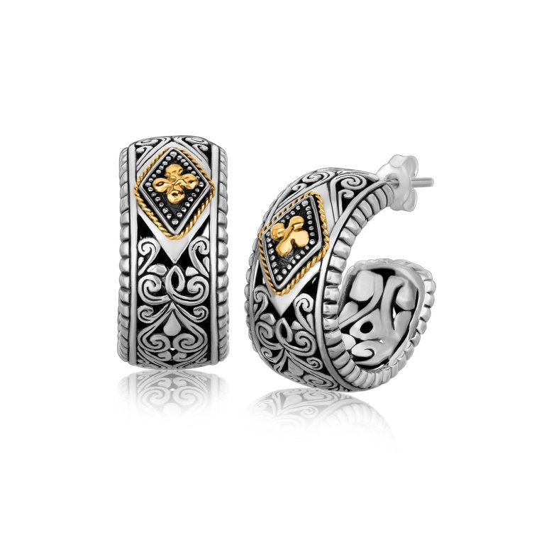 Vintage Inspired 18K Gold & Silver Earrings: These earrings feature 18K yellow gold floral and diamond shape cable detailing. Crafted in fine sterling silver with intricate scrollwork detailing. Secured with push backs. Measures approx 1.00 in