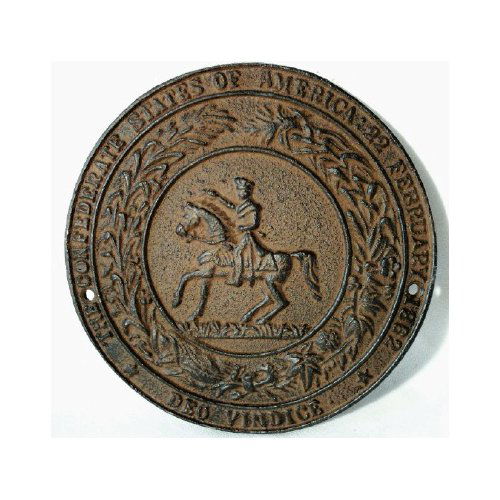 Cast Iron CSA Wall Plaque: Cast Iron CSA Wall Plaque, measures 7" W. The plaque has "The Confederate States Of America 22 February 1862 Deo Vindice" on it with a soldier on a horse.