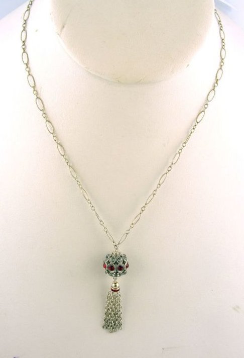 Antique Style Crystal Ball Tassel Necklace: Antique Style Crystal Ball Tassel Necklace, features 13.5mm in diameter pierced crystal ball with ruby red and clear crystals. Suspended off the ball is a red crystal roundel with a cable link chain t