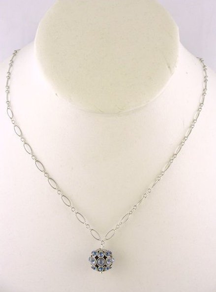 Antique Style Crystal Ball Pendant / Necklace: Antique Style Crystal Ball Pendant / Necklace, features a 13.5mm in diameter pierced crystal ball with sky blue and London blue colored crystals. The crystal ball is suspended on a sterling silver vin