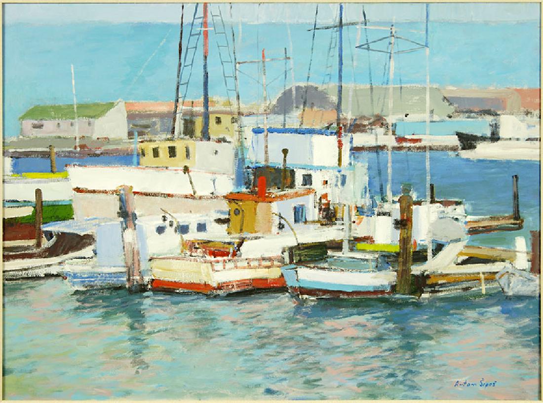 Anton Sipos (Yugoslav-American, B. 1938) Harbor.: Anton Sipos (Yugoslav-American, B. 1938) Harbor. Oil on canvas, signed lower right. Provenance: Left Bank Art Gallery, St. Simon's Island, Georgia 30" x 40" Frame: 37.75" x 43.5"