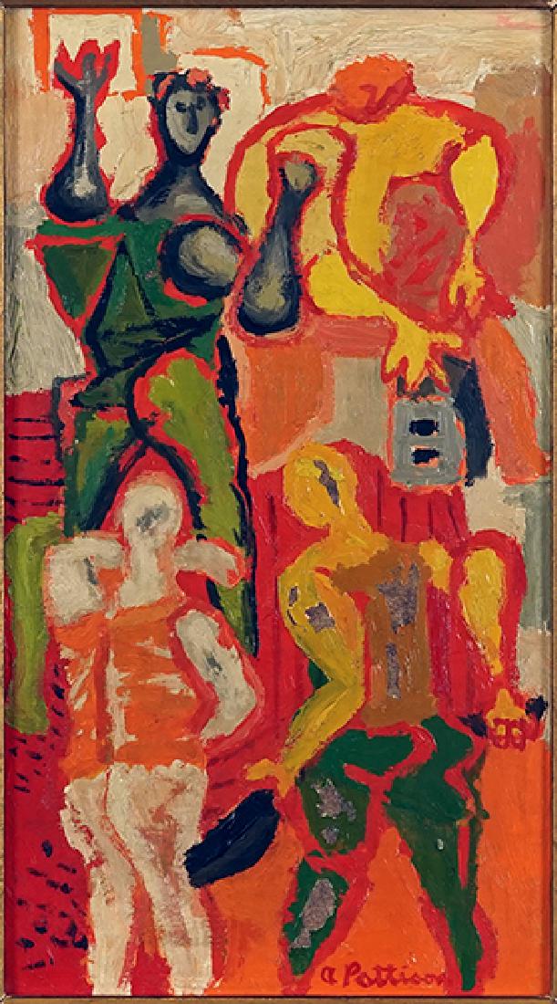 Abbott Pattison (American, 1916-1999) Four Figures.: Abbott Pattison (American, 1916-1999) Four Figures. Oil on masonite. Signed lower right Sight: 11.5" x 6.5" Frame: 14.25" x 9"