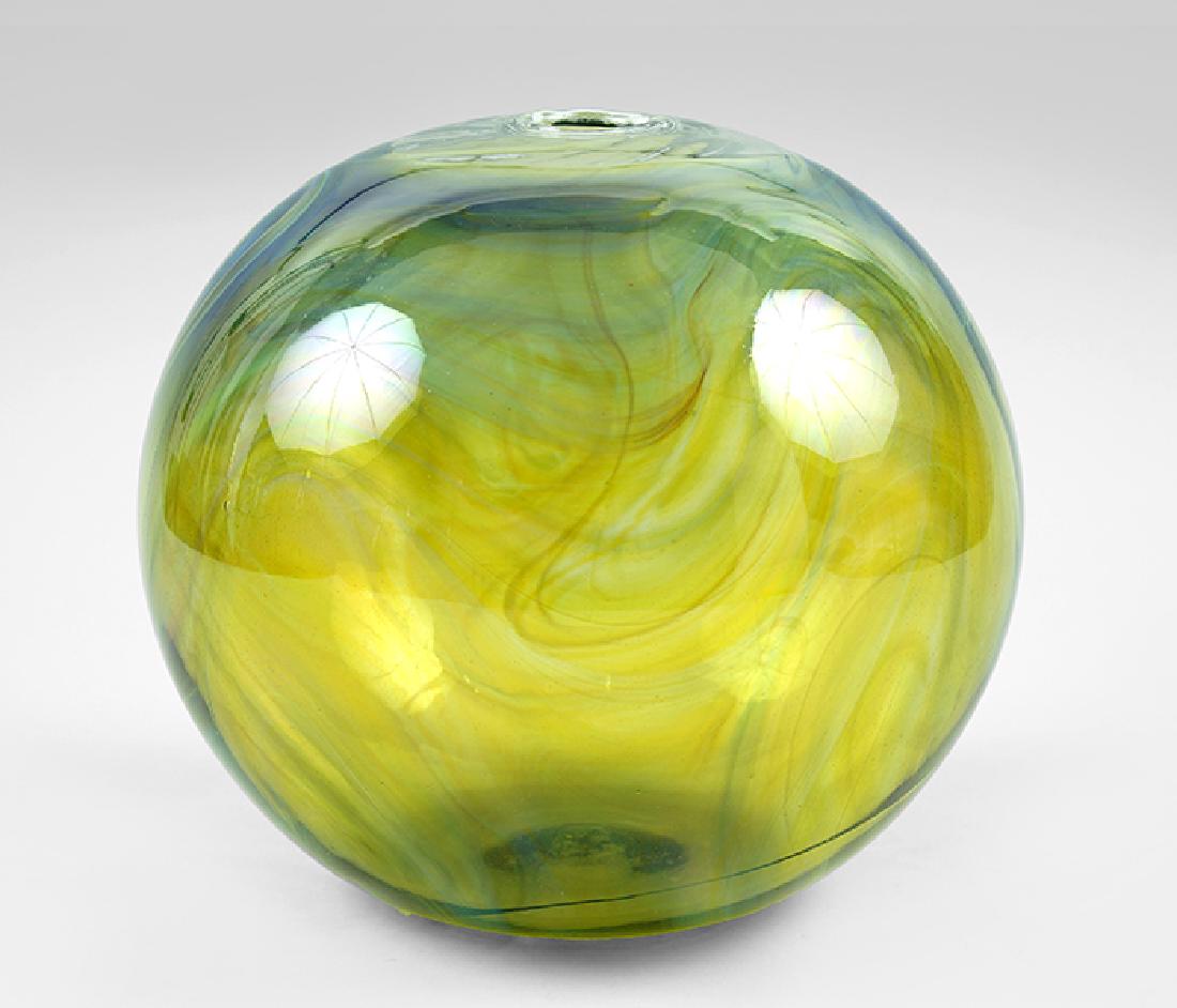 Peter Bramhall (American, Contemporary) Globe Vase.: Peter Bramhall (American, Contemporary) Globe Vase. Blown green glass vase, signed on the underside and dated '1/29/98' Height: 8.5"