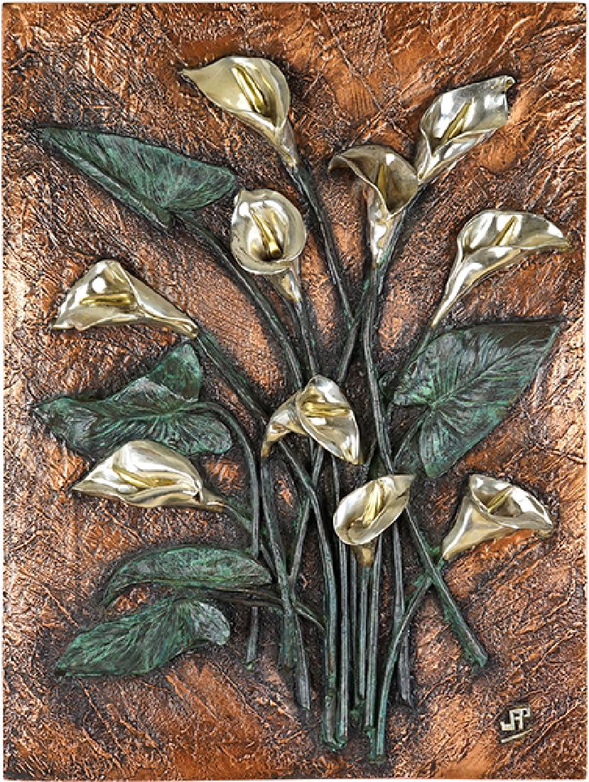 Javier Arenas (20th Century) Calla Lilies.: Javier Arenas (20th Century) Calla Lilies. Silverplate and bronze wall mounted panel. Edition 65/500. Bearing the artist's monogram in the lower right corner. Accompanied by a COA from D'Argenta 31" x