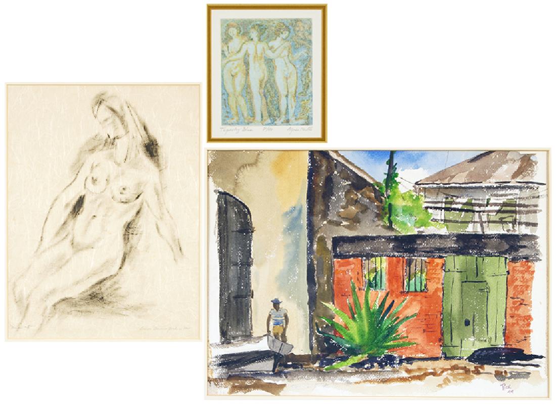 Louise Dunn Yochim (American, 1909-2003) Nude #5.: Louise Dunn Yochim (American, 1909-2003) Nude #5. Charcoal drawing, signed lower right and titled. Together with a color aquatint by Agnes Mills and a watercolor signed 'Rick 44' 14" x 10.25" Frame: 2