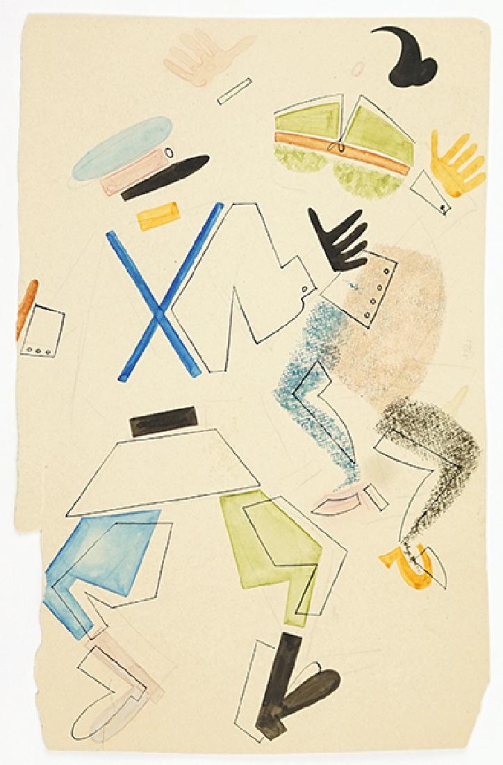 Vladimir Lebedev (Russian, 1910-1991) Soldier and: Vladimir Lebedev (Russian, 1910-1991) Soldier and Woman. Ink and watercolor. Executed on the verso of a page from a German architecture book. Unframed Sheet: 10.25" x 6.5"