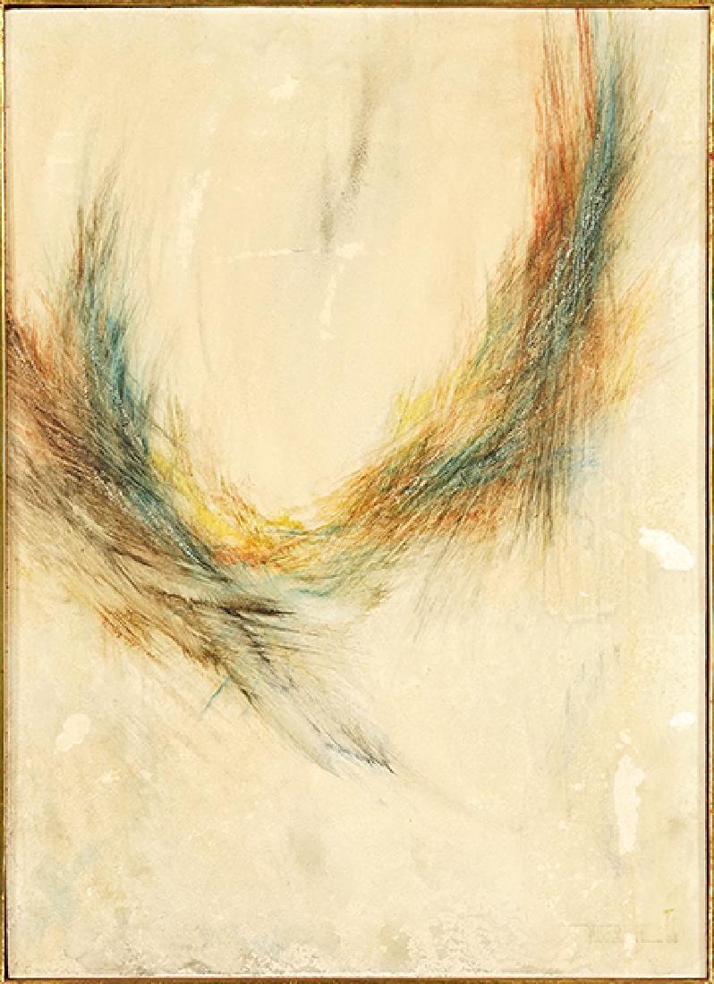 Leonardo Nierman (Mexican, B. 1932) Vuelo en la Bruma.: Leonardo Nierman (Mexican, B. 1932) Vuelo en la Bruma. Oil on masonite, signed lower right and dated '66. Provenance: Galeria, Arte de Coleccionistas, Mexico 13.75" x 9.75" Frame: 19.25" x 15"