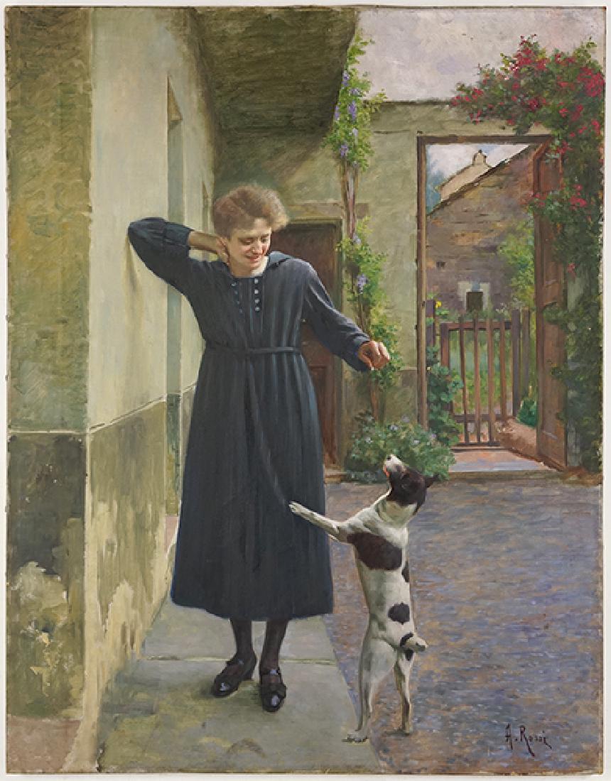 Alexander Mark Rossi (British, 1840-1916) The Treat.: Alexander Mark Rossi (British, 1840-1916) The Treat. Oil on canvas, signed lower right, stretched but unframed 35.5" x 27.75"