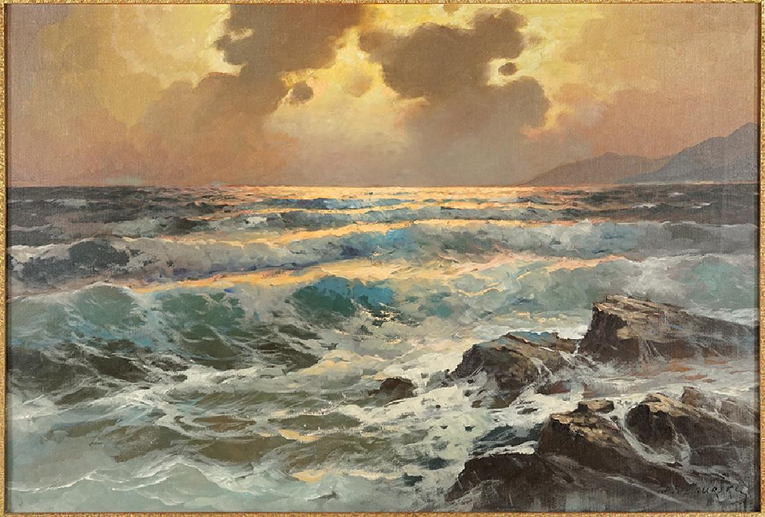 Alexander Dzigurski (American, 1911-1995) Waves at: Alexander Dzigurski (American, 1911-1995) Waves at Sunset. Oil on canvas. Signed "A. Dzigurski" in lower right corner Canvas: 24" x 36" Frame: 29" x 42"