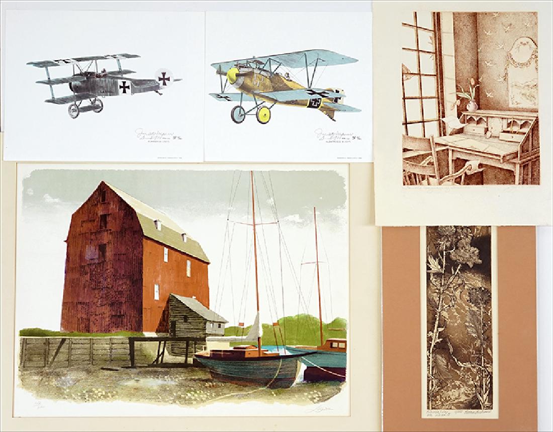 A Collection of Contemporary Prints.: A Collection of Contemporary Prints. Including 'Barn and Boats' a color lithograph by Lander, 'In the Language of Solitude' an etching by Joy Wallace, 'Blowin' in the Wind II' an etching by Betha Breh