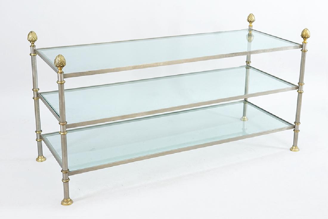 A Steel and Brass Three-Tier Table. (1 of 1)