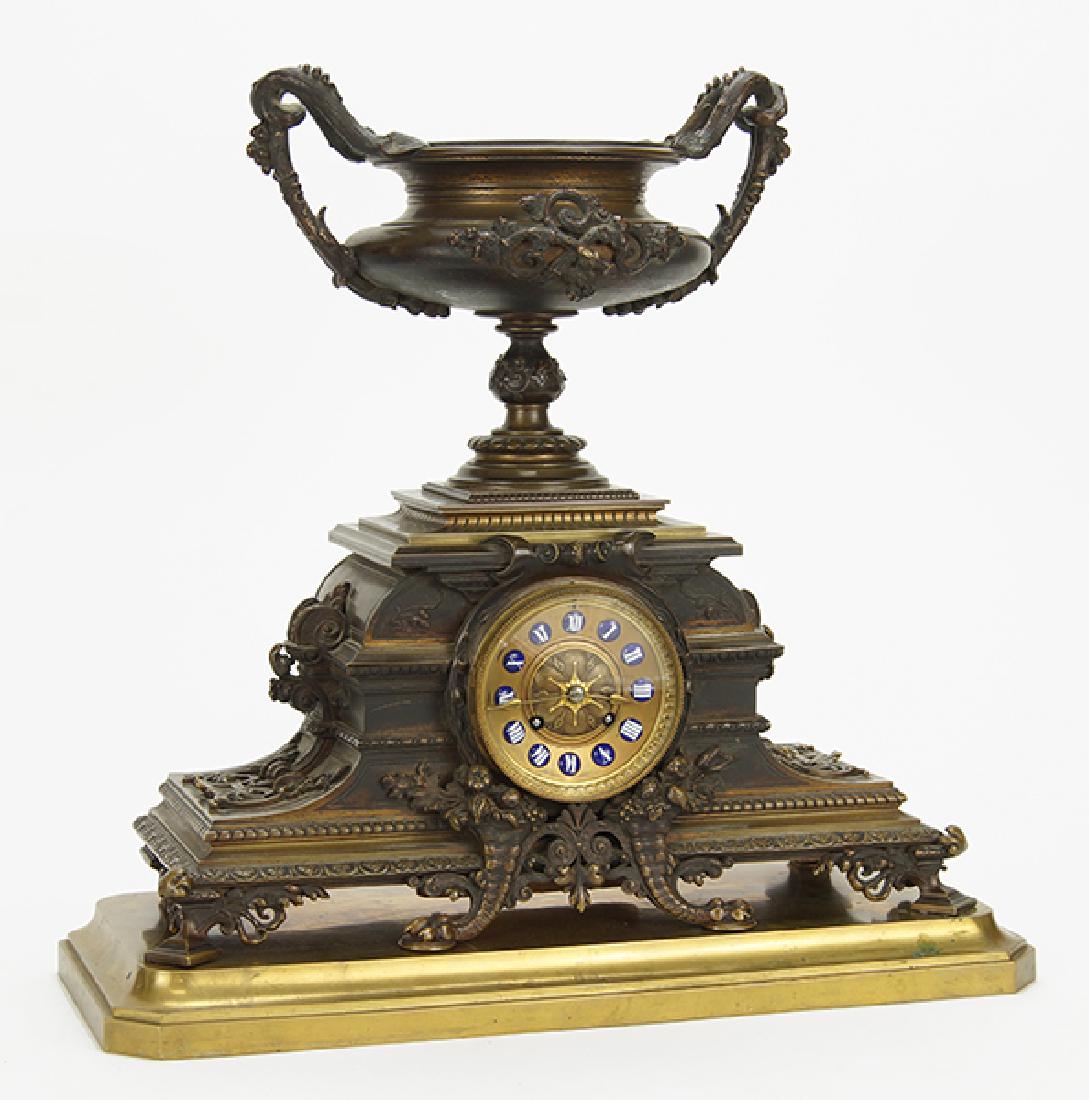 A 19th Century French Patinated Bronze Mantle Clock. (1 of 2)