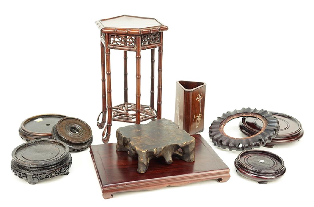 A Collection of Wood Stands.: A Collection of Wood Stands. Together with a wood brush pot bearing abalone inlaid flowers Tallest stand: 12.75"