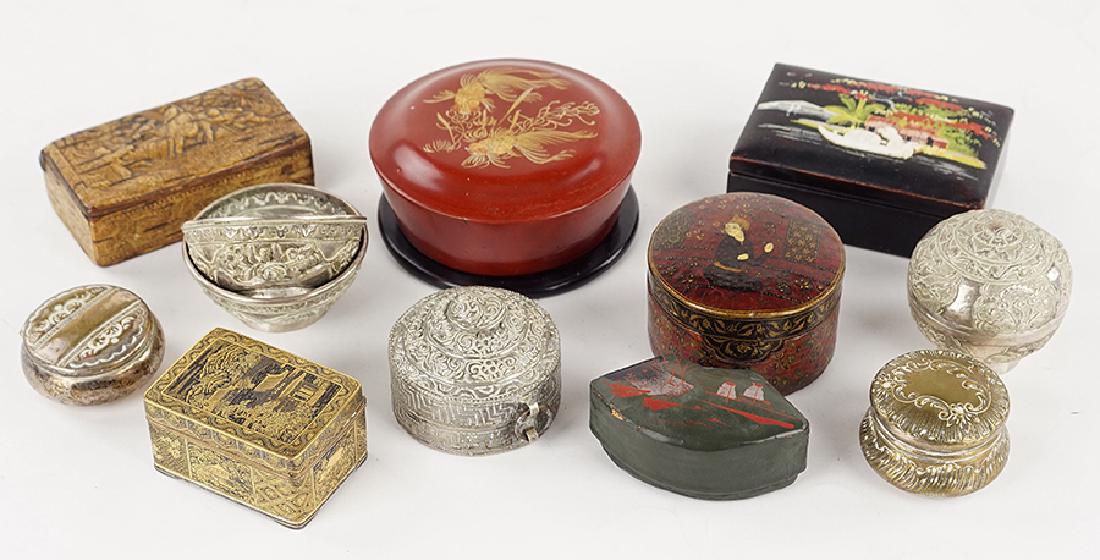 A Collection of Chinese Boxes.: A Collection of Chinese Boxes. Wood, papier mache, silver, lacquer and enamel boxes. Together with two silvered metal wine cups Largest box: 2" x 4"