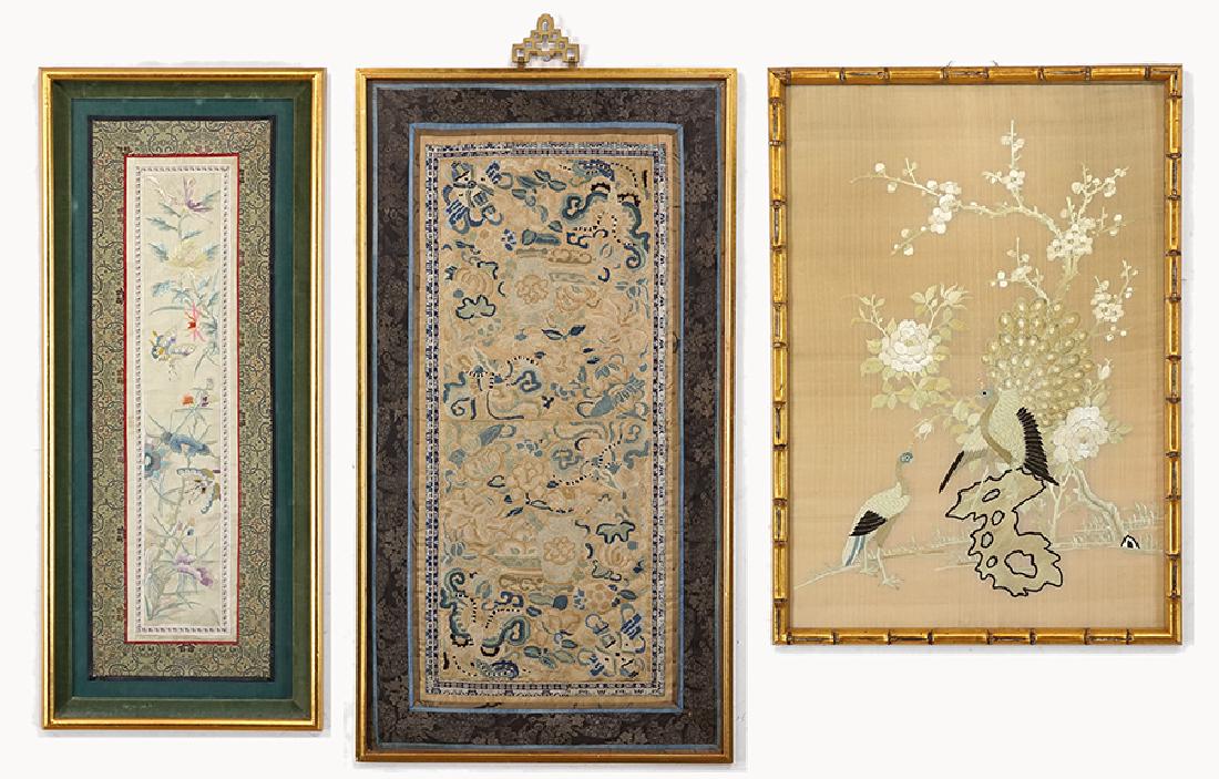 A Chinese Embroidered Silk Panel of Peacocks. (1 of 8)