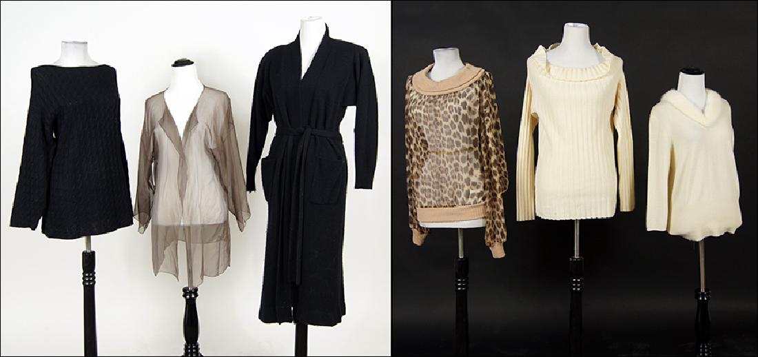 A Bonwit Teller Long Open Cardigan.: A Bonwit Teller Long Open Cardigan. With removable belt. Together with a Zoran black cashmere blend crewneck sweater, a TSE cashmere back v-neck with fur trim, an off the shoulder Gentryportofino swea