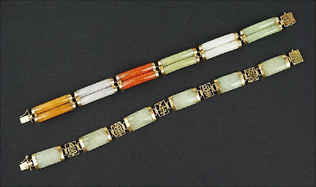 Two Chinese Jade and 14 Karat Yellow Gold Link: Two Chinese Jade and 14 Karat Yellow Gold Link Bracelets. Comprising one bracelet of multi-colored jade links and one with celadon jade links Wt of both: 34.8 grams Length: 7"