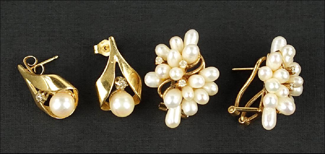 Two Pairs of Pearl and Diamond Earrings. (1 of 1)