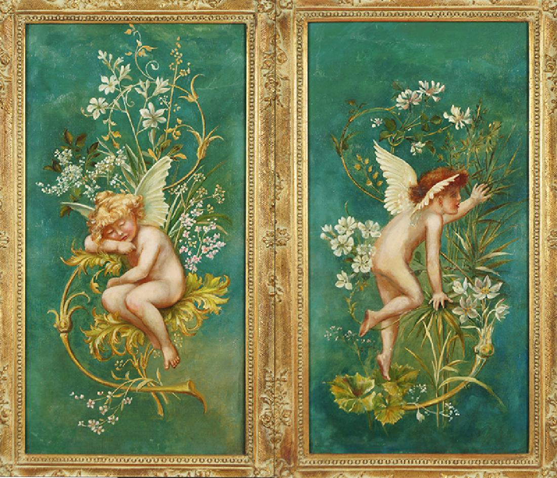 Charles Augustus Henry Lutyens (American, 1829-1915): Charles Augustus Henry Lutyens (American, 1829-1915) Cupids Amongst Flowers: A Pair. Each: 21" x 11" Frames: 25.75" x 15.5"