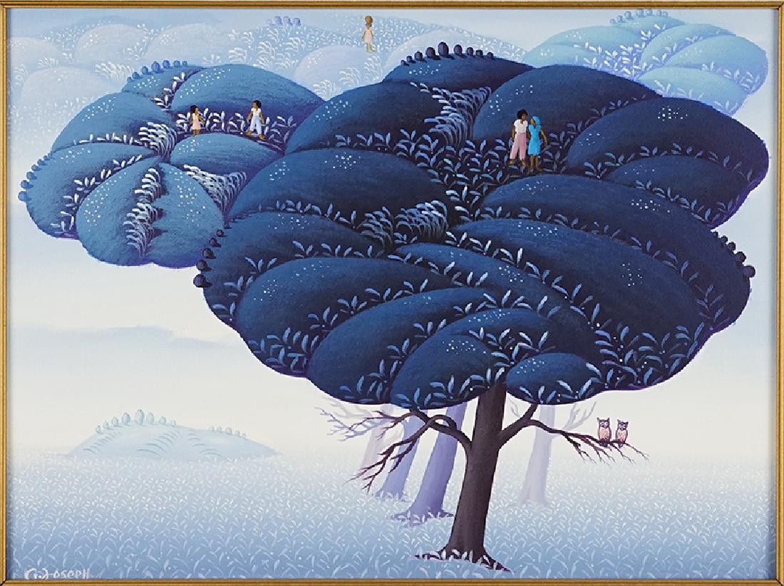 Guy Joseph (Haitian, B. 1957) Tree Fantasy.: Guy Joseph (Haitian, B. 1957) Tree Fantasy. Oil on canvas, signed lower left 12" x 16" Frame: 17" x 21"