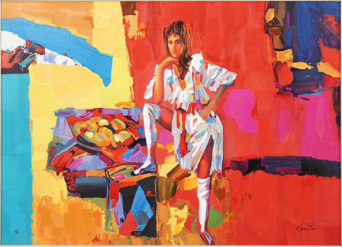 Nicola Simbari (Italian, 1927-2012) Caribbean Fruit.: Nicola Simbari (Italian, 1927-2012) Caribbean Fruit. Embellished serigraph, numbered 5/50 lower left and signed lower right 31" x 43" Frame: 34.5" x 46"