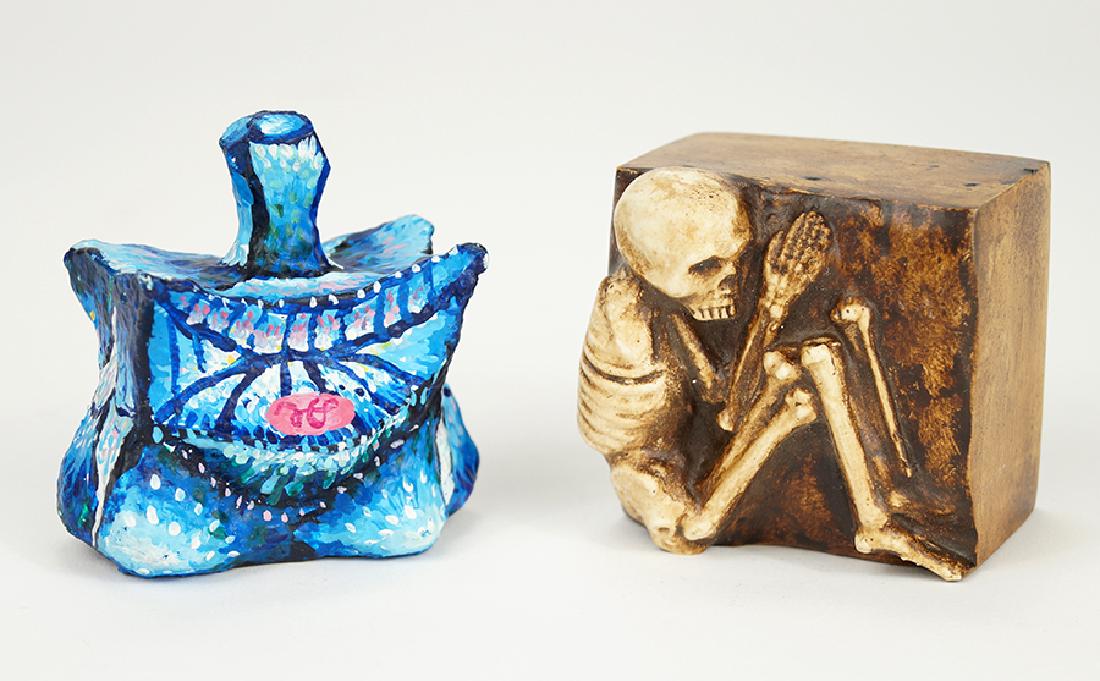 Philip Hanson (American, B. 1943) Untitled.: Philip Hanson (American, B. 1943) Untitled. Painted papier mache sculpture, 1973, initialed on the bottom. Together with 'Skeleton' by Kerig Pope, a painted hydrocal sculpture, 1973, signed and dated