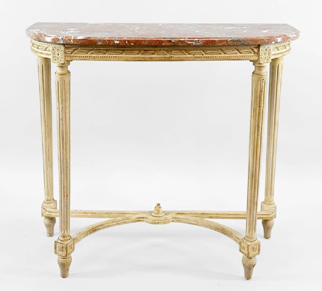 A Louis XVI Style Marble Top Console.: A Louis XVI Style Marble Top Console. Bearing a whitewashed finish 34.5" x 39.5" x 17.5"