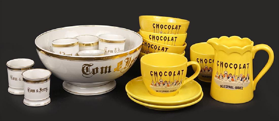 A Set of 'Tom & Jerry' Ceramic Mugs.: A Set of 'Tom & Jerry' Ceramic Mugs. Together with a coordinating bowl, and a pair of French chocolate cups, four bowls, and a pitcher