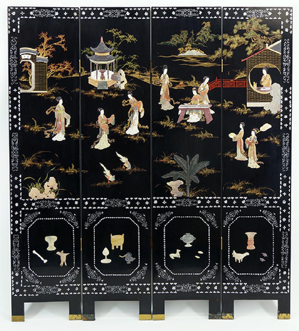A Chinese Black Lacquered Four-Panel Screen. (1 of 1)