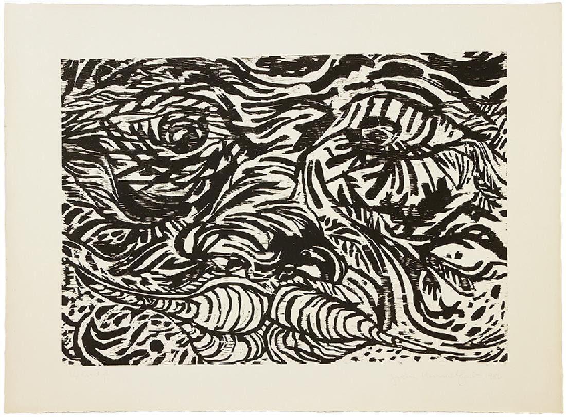 John Himmelfarb (American, B. 1946) Up Front.: John Himmelfarb (American, B. 1946) Up Front. Woodcut, pencil signed lower right, dated 1986, titled, and numbered 8/10, unframed 23.75" x 34" Sheet: 31" x 42.25"