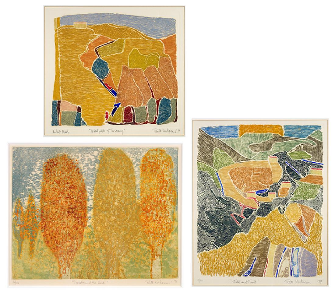 Ruth Kerkovius (American, B. 1921) Three Prints.: Ruth Kerkovius (American, B. 1921) Three Prints. Color soft-ground etchings including 'Field and Forest' and 'Wheatfields of Tuscany', both dated to 1974, and 'Guardians of the Land' dated to 1971. Ea