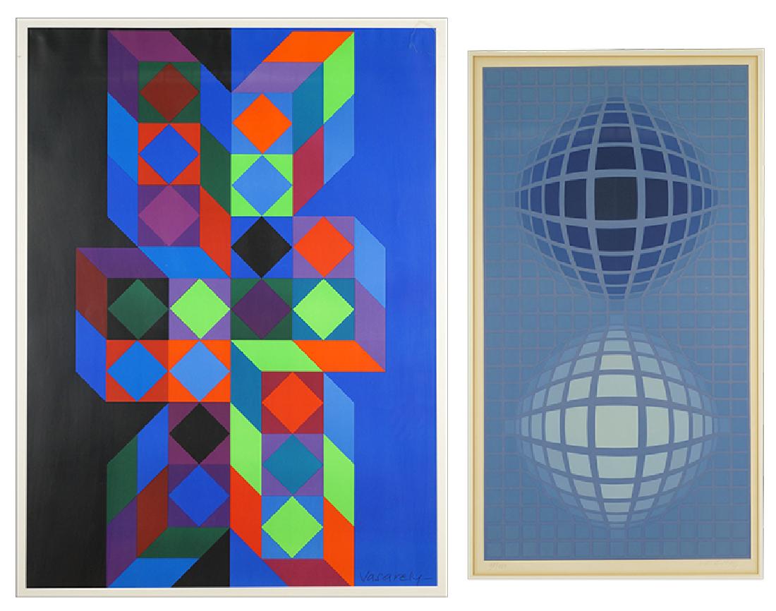 Victor Vasarely (Hungarian/French, 1906-1997) Blue: Victor Vasarely (Hungarian/French, 1906-1997) Blue Globes. Color serigraph, pencil signed lower right and numbered 95/150. Together with another Vasarely color serigraph 29.75" x 16" Frame: 38.25" x 2