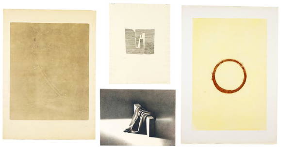 Four Contemporary Prints.: Four Contemporary Prints. Including Robert Peterson 'Shop Towel Over Block', lithograph dated 1983; Servulo Esmeraldo 'Couple', etching; Francois Fiedler 'Espace ad Libitum', aquatint; and Tom Marioni