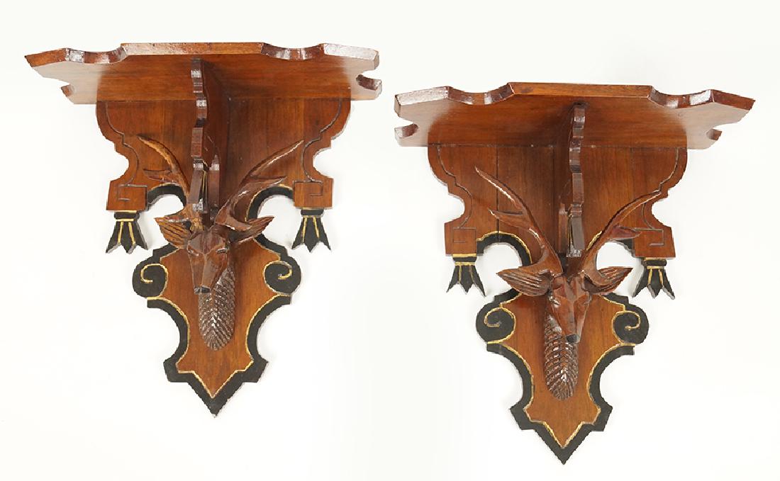 A Pair of Carved Deer Wall Brackets.: A Pair of Carved Deer Wall Brackets. 12" x 11" x 5"
