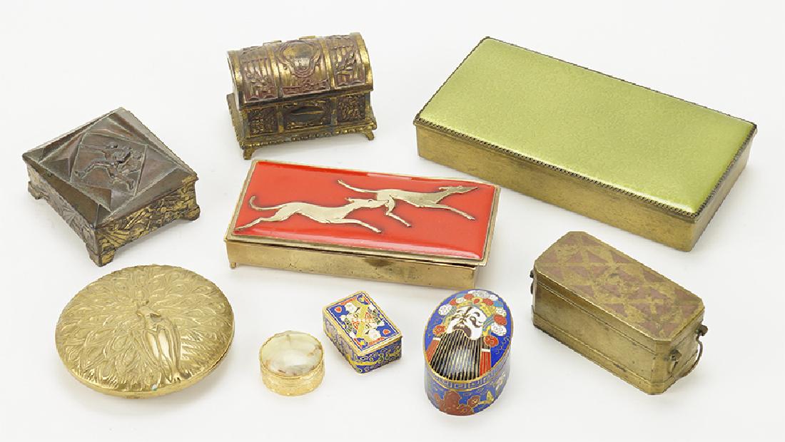Collection of Decorative Boxes.: Collection of Decorative Boxes. Consisting of an Evans enamel box, decorative football player box, cloisonne boxes, pill boxes and brass boxes