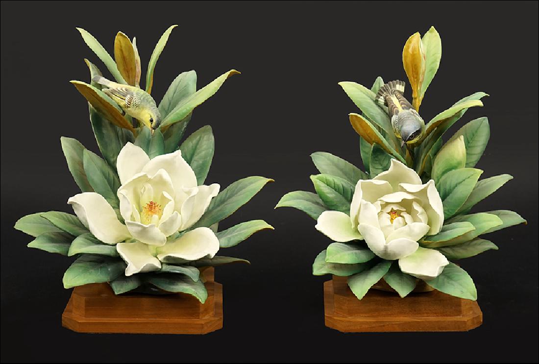 A Pair of Dorothy Doughty for Royal Worcester Porcelain: A Pair of Dorothy Doughty for Royal Worcester Porcelain Magnolia Warblers. Edition of 150, circa 1959. With fitted wood bases and original crates Taller with base: 16"