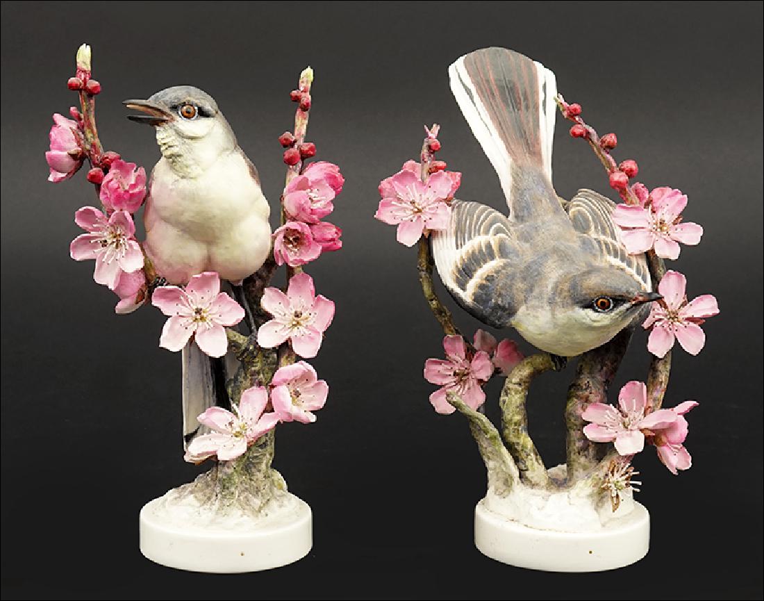 A Pair of Dorothy Doughty for Royal Worcester Porcelain: A Pair of Dorothy Doughty for Royal Worcester Porcelain Mockingbirds with Peach Blossoms. Edition of 500, circa 1940. With original crates Height 10.5"
