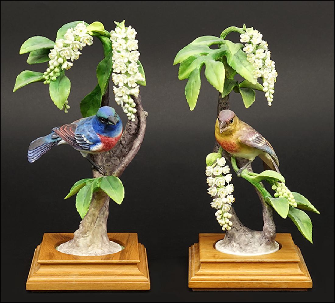 A Pair of Dorothy Doughty for Royal Worcester Porcelain: A Pair of Dorothy Doughty for Royal Worcester Porcelain Lazuli Buntings with Choke Cherry. Edition of 500, circa 1962. With fitted wood bases and original crates Taller with base: 10.75"