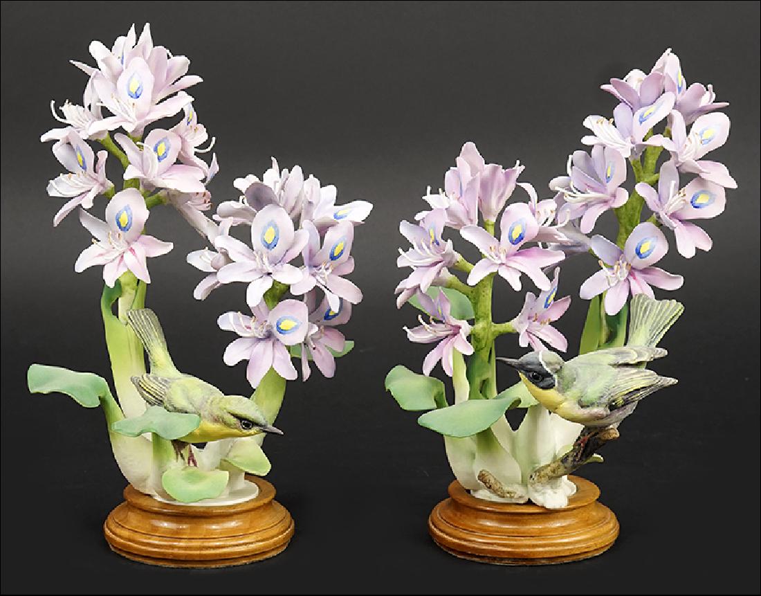 A Pair of Dorothy Doughty for Royal Worcester Porcelain: A Pair of Dorothy Doughty for Royal Worcester Porcelain Yellow Throats with Water Hyacinths. Edition of 350, circa 1958. With fitted wood bases and original crates Taller with base: 12.5"