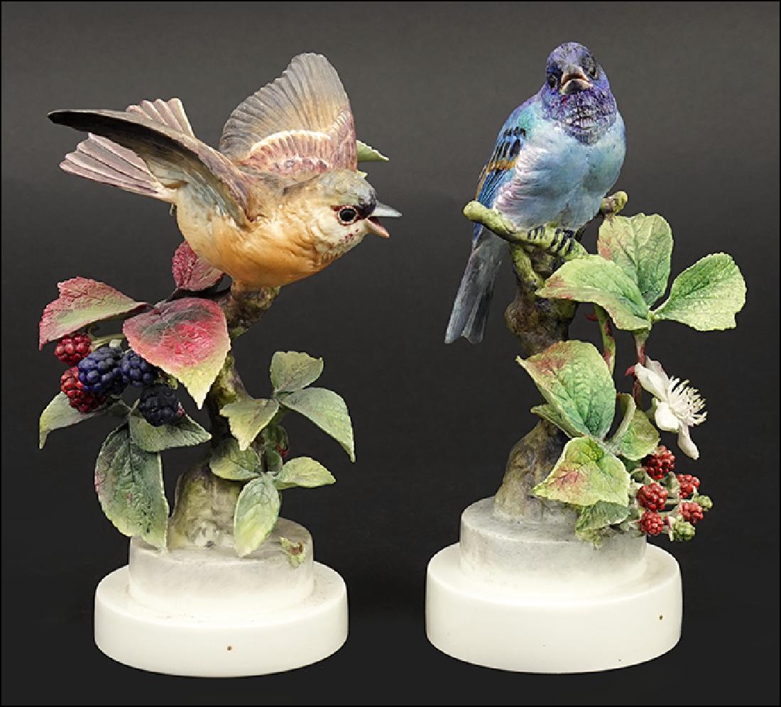 A Pair of Dorothy Doughty for Royal Worcester Porcelain: A Pair of Dorothy Doughty for Royal Worcester Porcelain Indigo Buntings with Blackberry Sprays. Edition of 500, circa 1941. With original crates Height: 8.5"